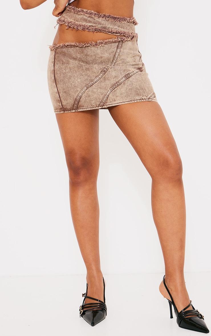  Brown Acid Wash Frayed Edge Cut Out Mini Skirt Product Image