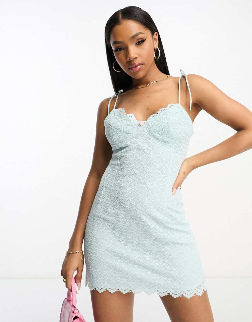 The Frolic exclusive tie shoulder cami mini dress with cup detail in sky blue lace  product image