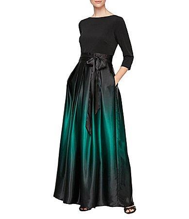 Ignite Evenings Petite Size Boat Neck 34 Sleeve Belted Bow Detail Ombre Satin Pleated Ball Gown Product Image