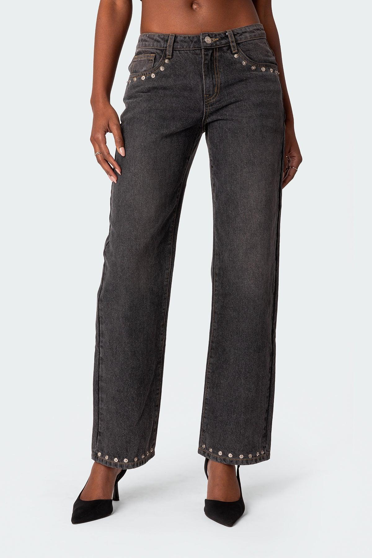 Rivet Trim Straight Leg Jeans Product Image