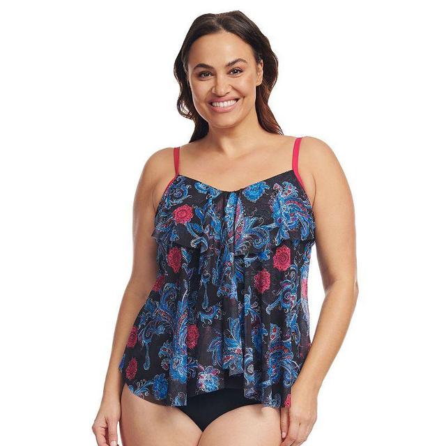 Plus Size Mazu Sea Breeze Paisley Draped Tier Mesh Tankini Swim Top, Womens Product Image