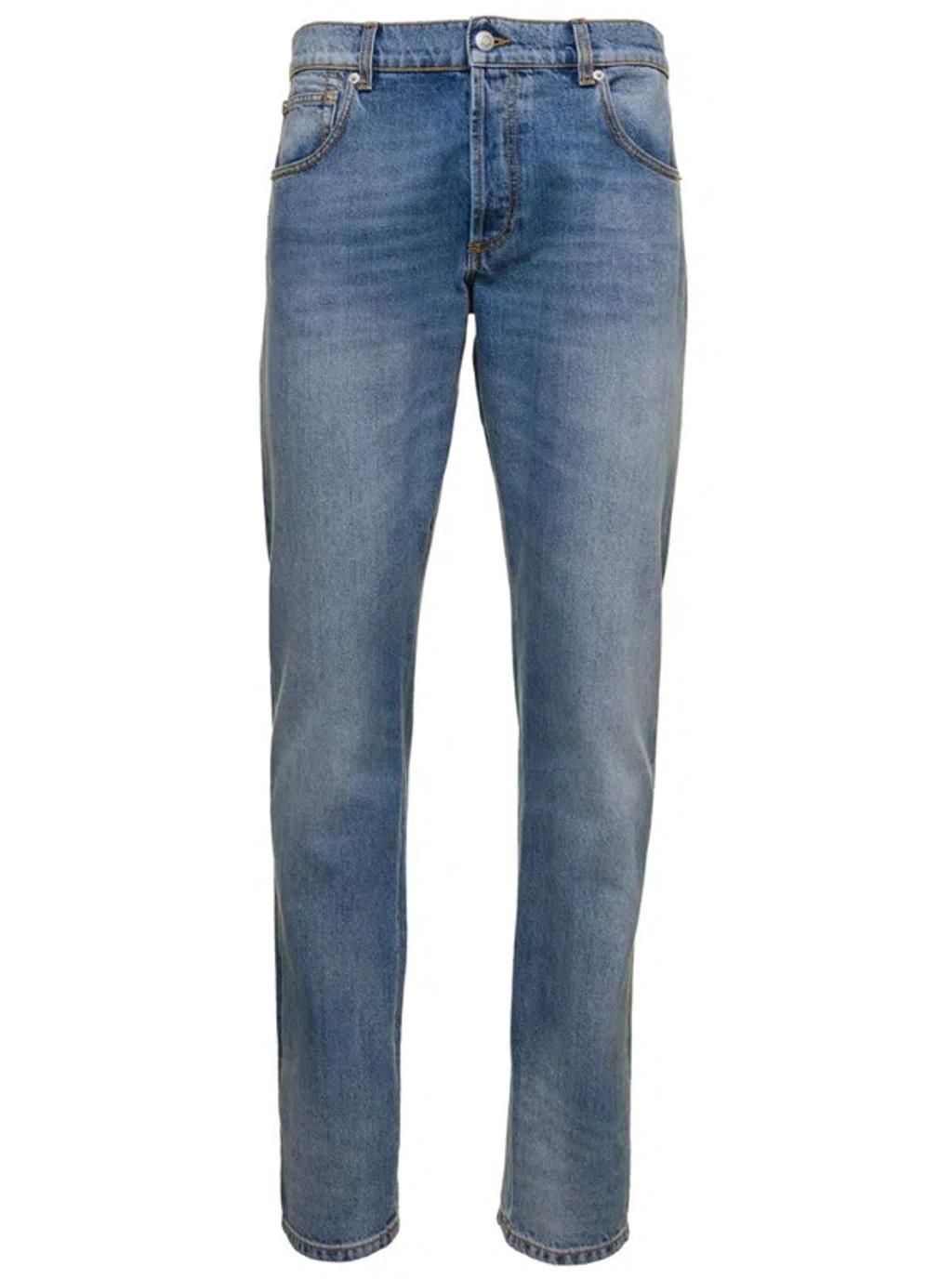 Light Blue Straight Five-pockets Jeans In Cotton Denim Product Image