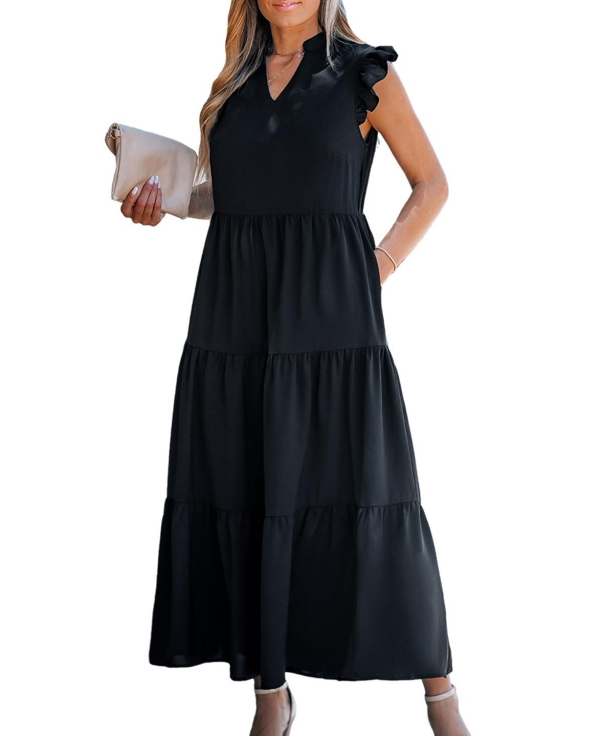 Cupshe Womens Black Flutter Sleeve Paneled Skirt Midi Beach Dress Product Image