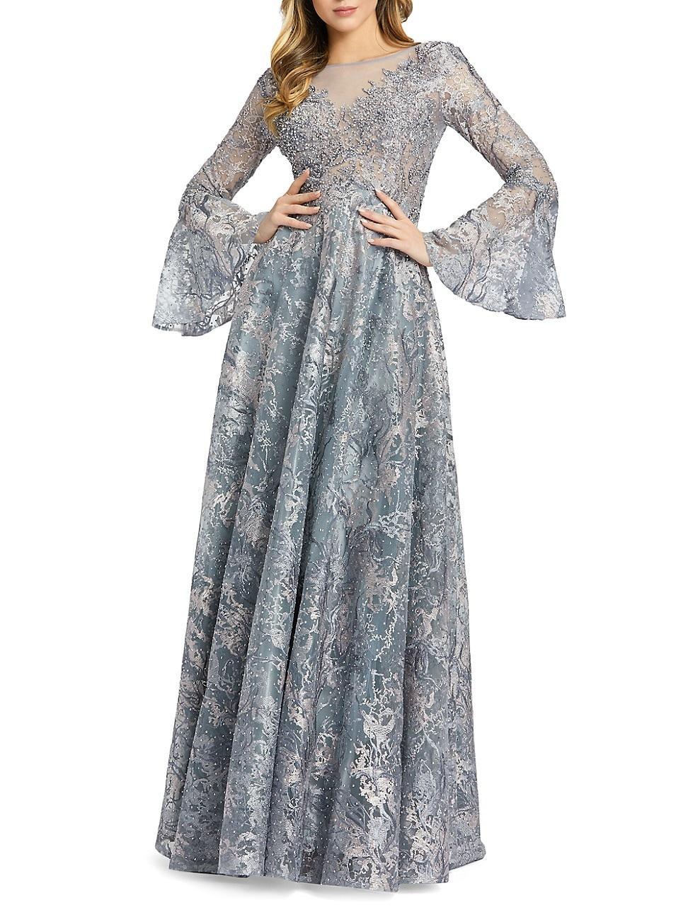 Womens Vine Sequined Jacquard Bell-Sleeve Gown Product Image