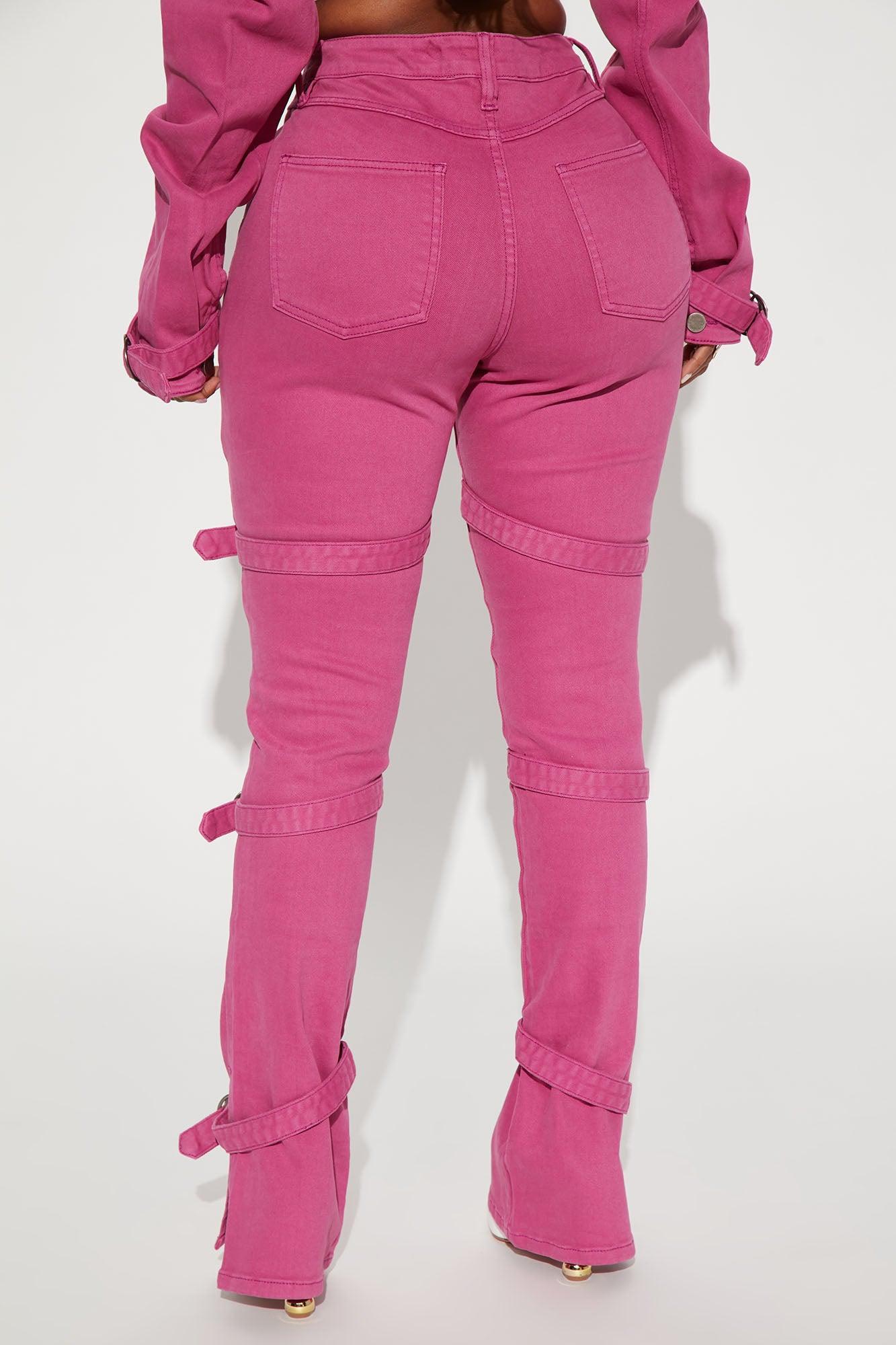 Lovefool Strappy Split Hem Straight Leg Jeans - Magenta Product Image