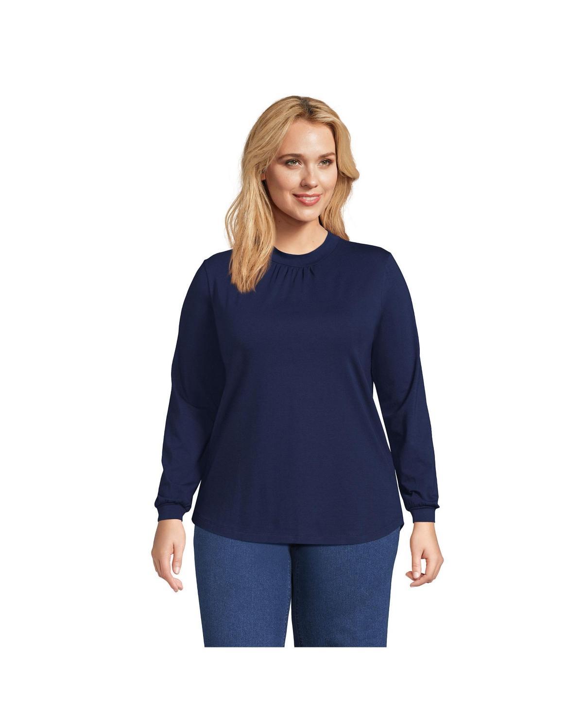 Lands End Womens Plus Size Jersey Long Sleeve Gathered Mock Neck Tee Product Image