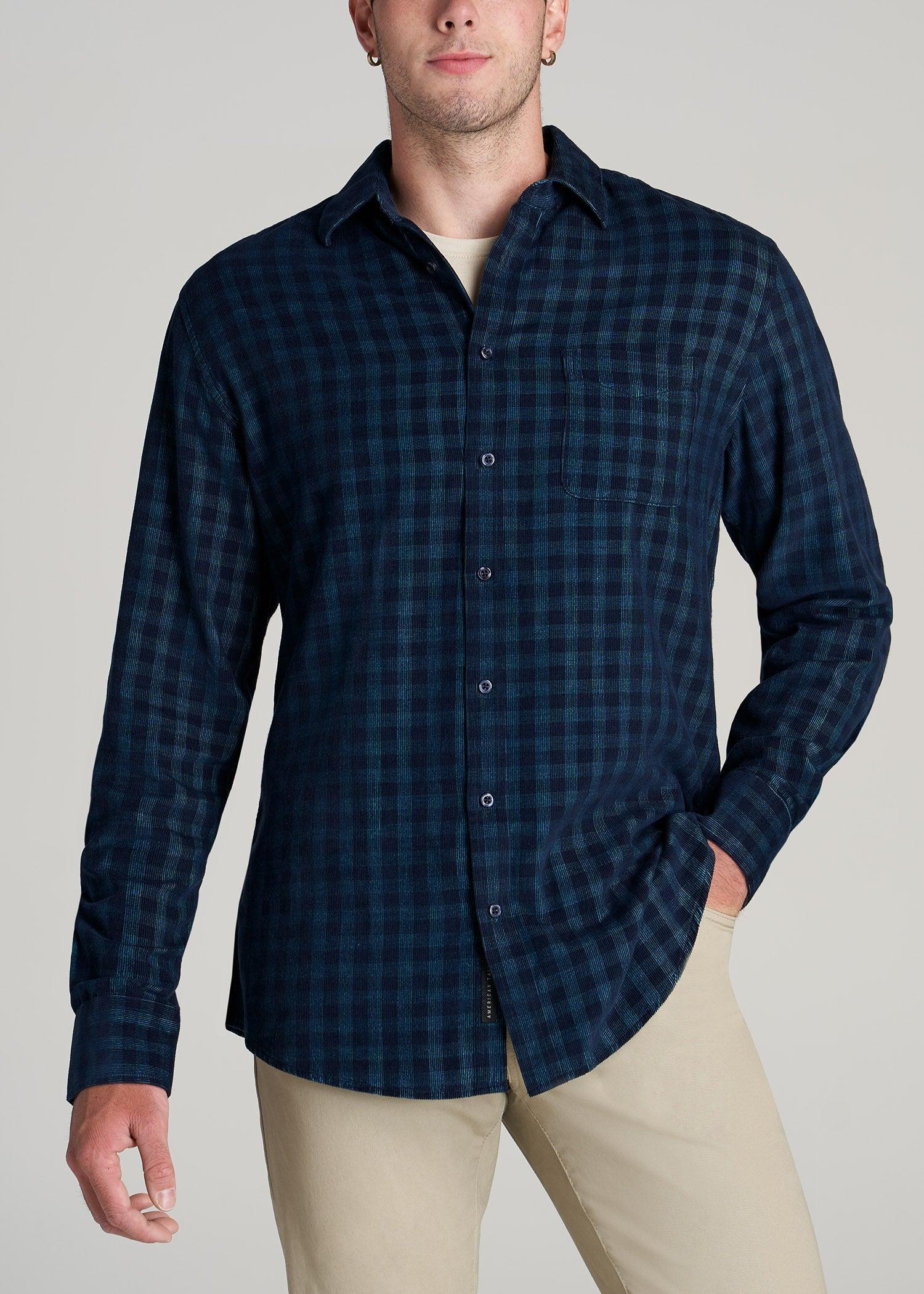 Baby Wale Corduroy Shirt for Tall Men in Teal & Navy Plaid Product Image