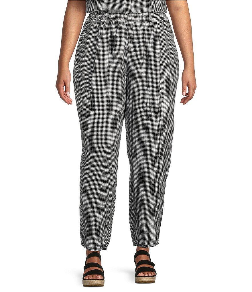 Eileen Fisher Plus Size Puckered Organic Linen Check Print Tapered Leg Ankle Pants Product Image