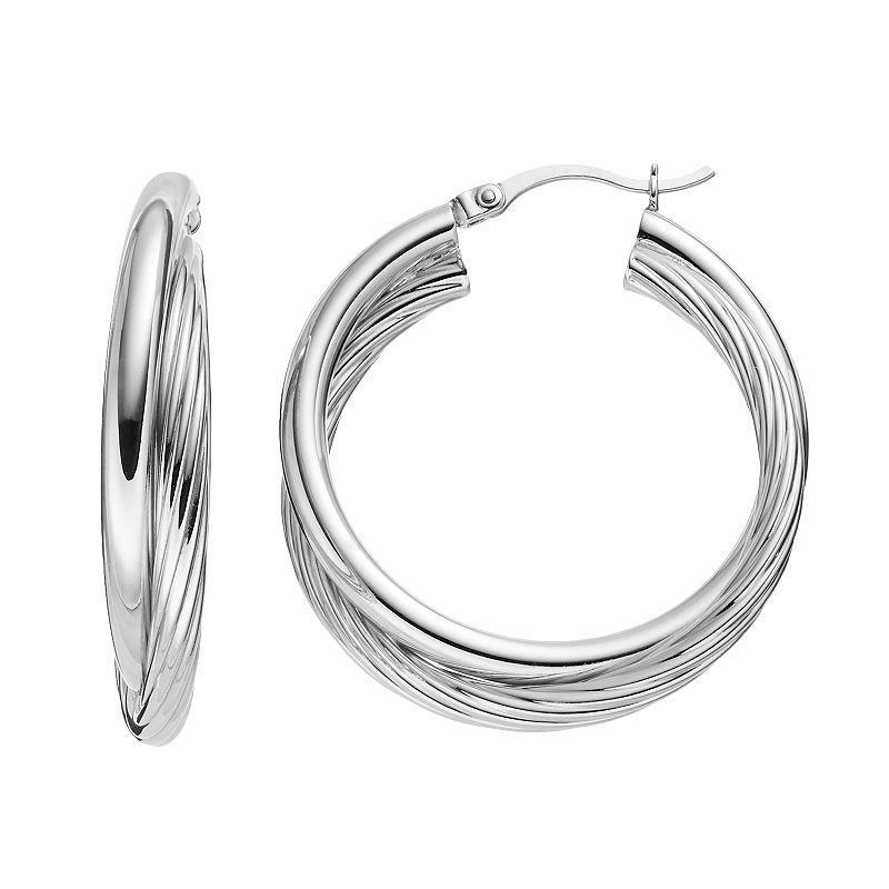 Platinum Over Silver Twist Hoop Earrings, Womens, Grey Product Image