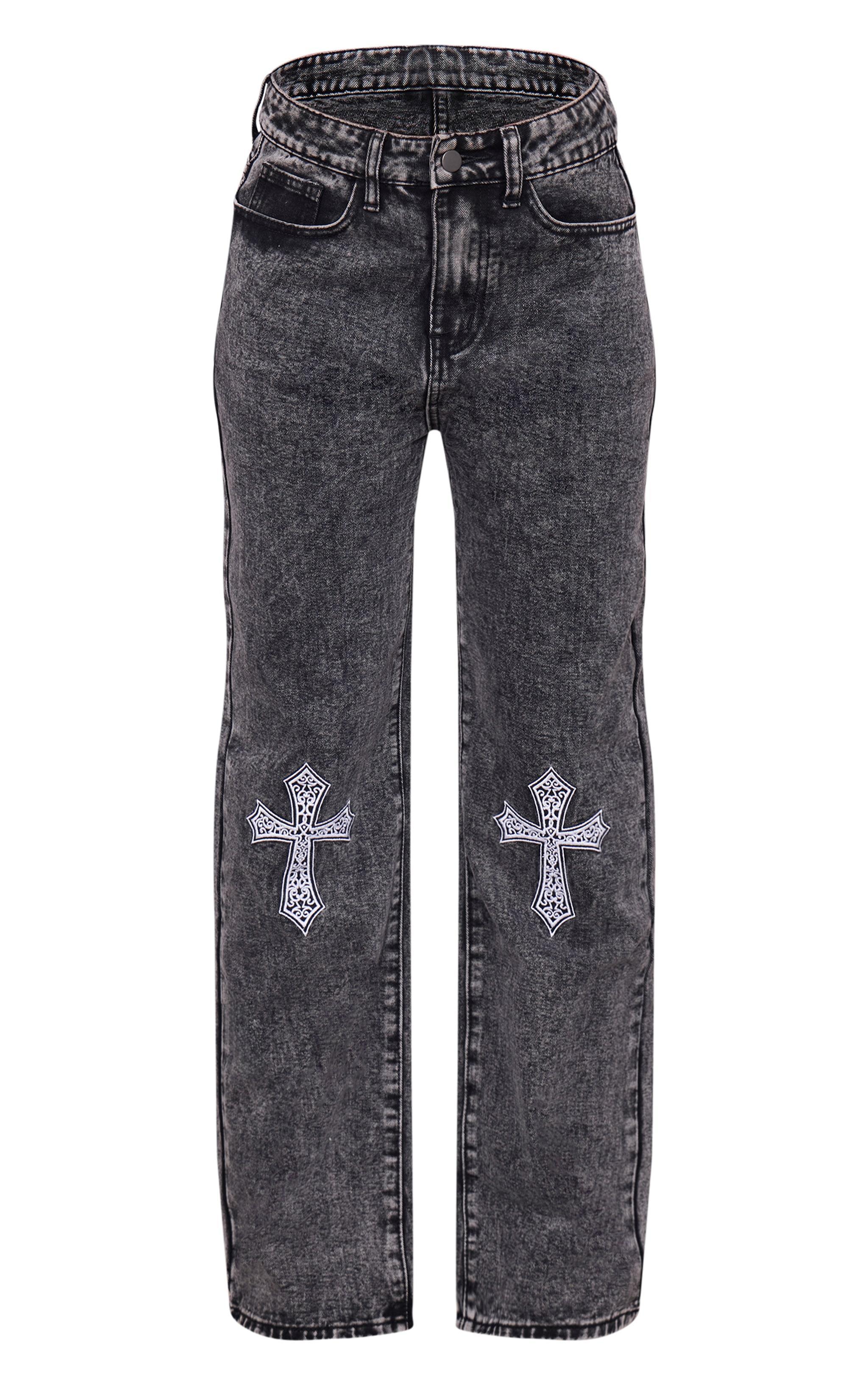 Grey Cross Detail Embroidered Denim Jeans Product Image