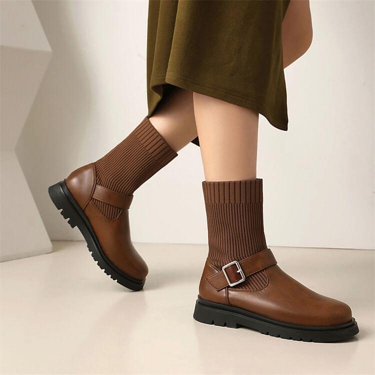 Buckled Platform Chunky Heel Sock Boots Product Image