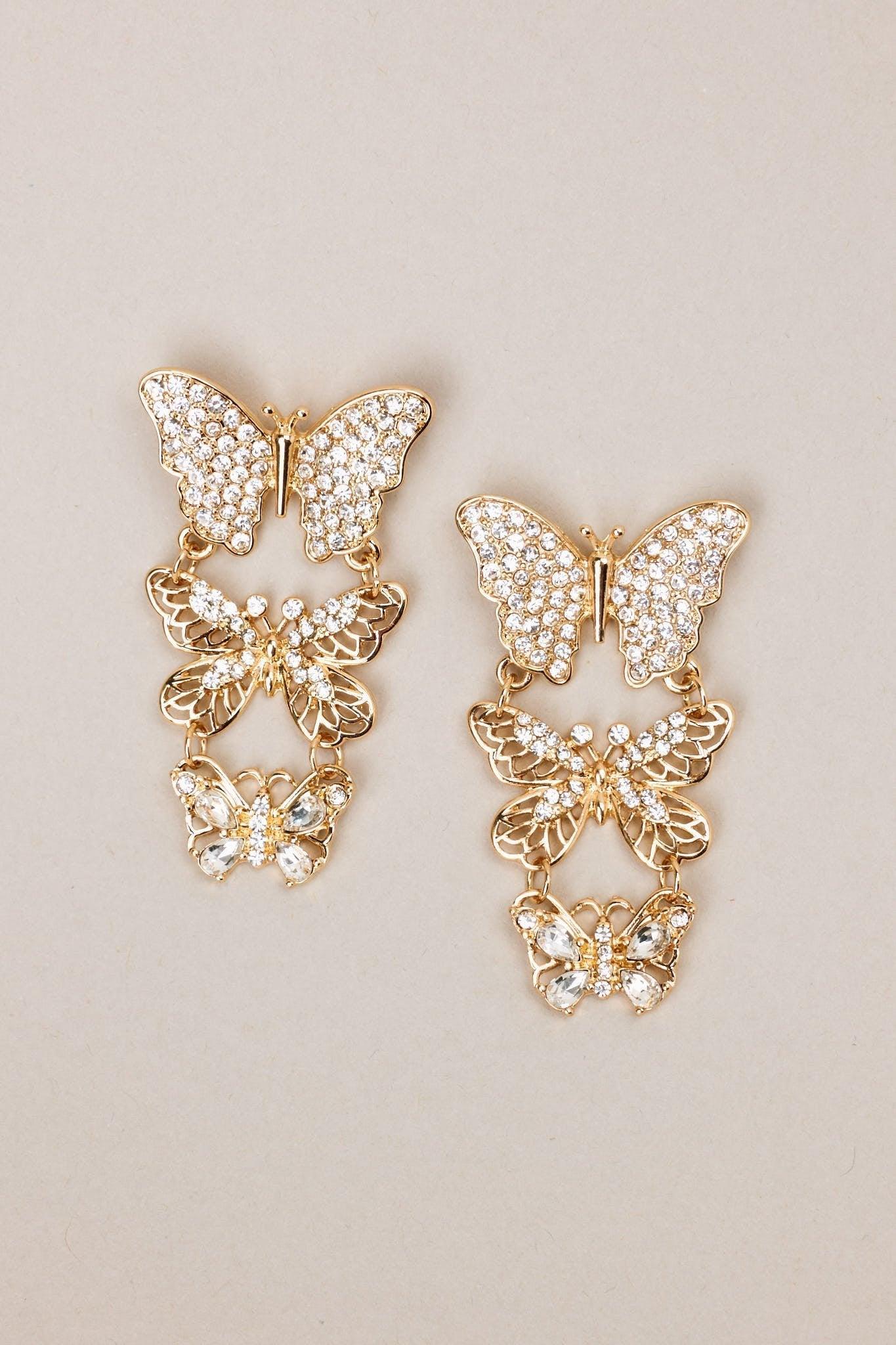 Monarch Majesty Gold Rhinestone Butterfly Drop Earrings Product Image