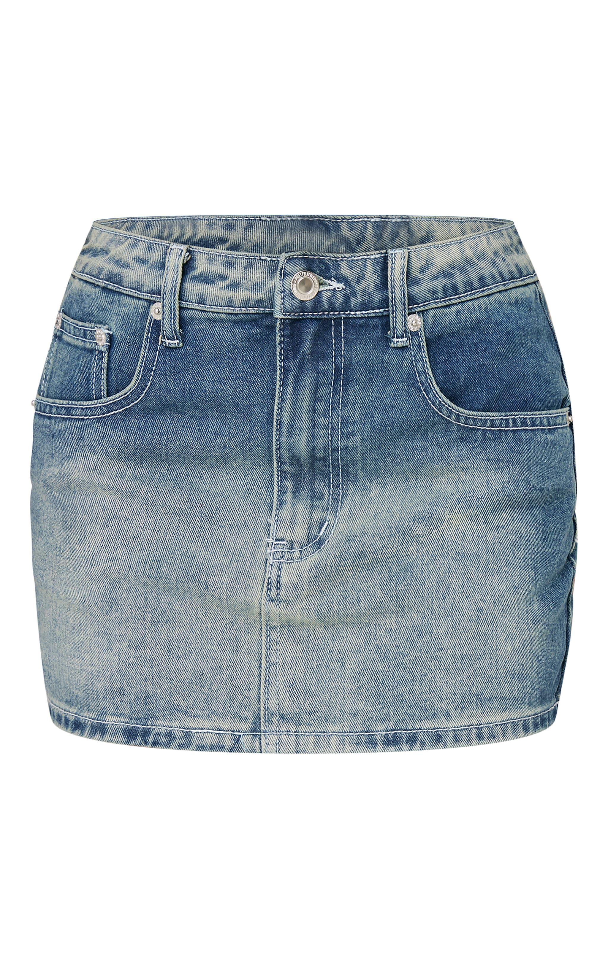 Petite Vintage Light Wash Denim Low Rise Mini Skirt Product Image