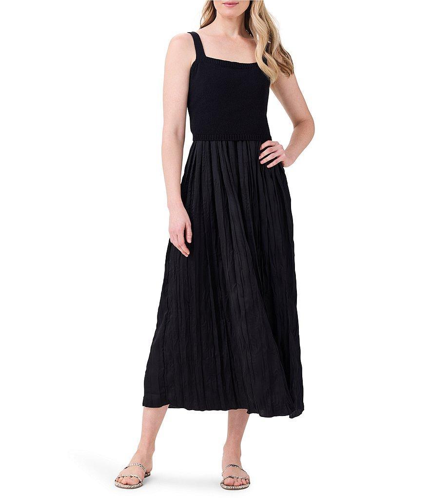 NIC + ZOE Solid Mixed Media Square Neck Sleeveless Pleated A-Line Midi Dress Product Image