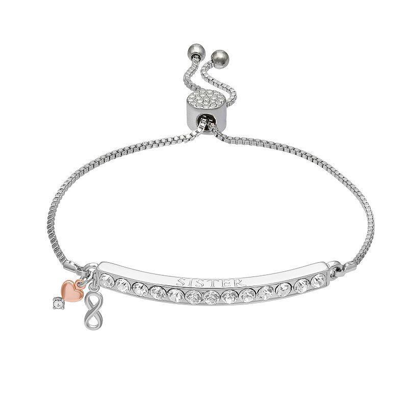 Brilliance Two-Tone Silver Plated Sister Crystal Bar Infinity & Heart Charm Adjustable Bracelet, Womens Two Tone Pink Clear Product Image