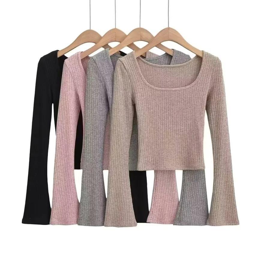 Long Sleeve Scoop Neck Plain Ribbed Crop Top Product Image