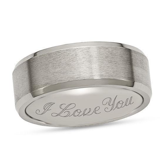 Men's 8.0mm Engravable Brushed Beveled Edge Wedding Band in Titanium (1 Line) Product Image