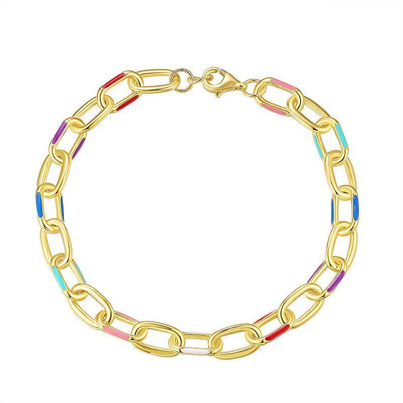 14k Gold Over Silver Colorful Enamel Accent Link Chain Bracelet, Womens Sterling Silver Product Image