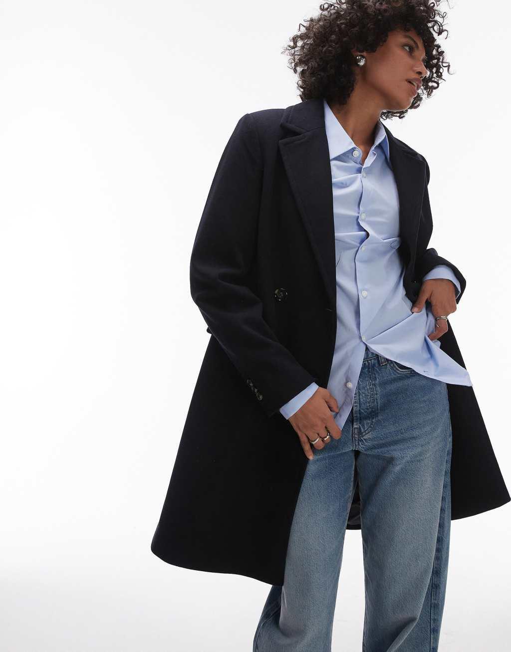 Mango double breasted wool coat in navy Product Image