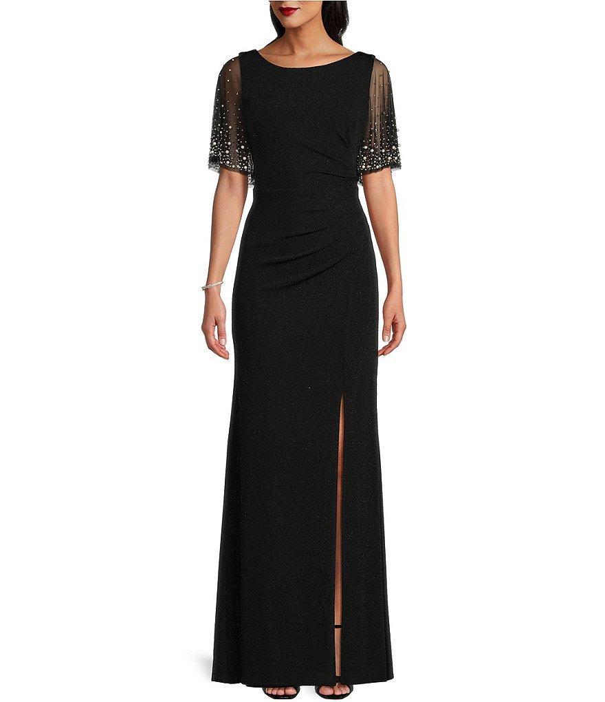 Alex Evenings Metallic Embellished Flutter Short Sleeve Boat Neck Ruched Waist Front Slit A-Line Gown Product Image