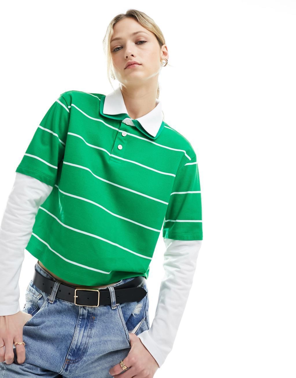 ASOS DESIGN double layer fitted striped rugby top in green and white Product Image