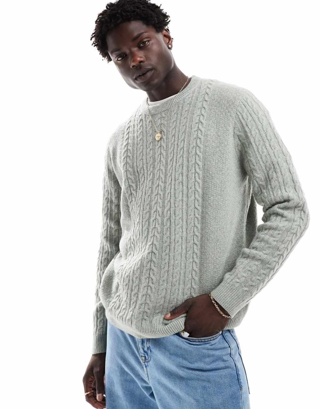 ASOS DESIGN relaxed slouchy crew neck cable knit sweater in green Product Image