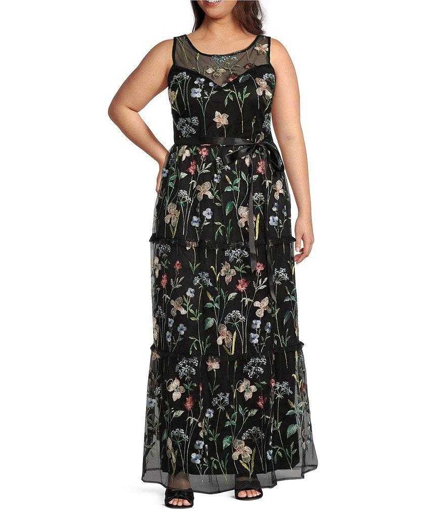 R & M Richards Plus Size Sleeveless Sweetheart Illusion Neck Floral Embroidered Dress Product Image