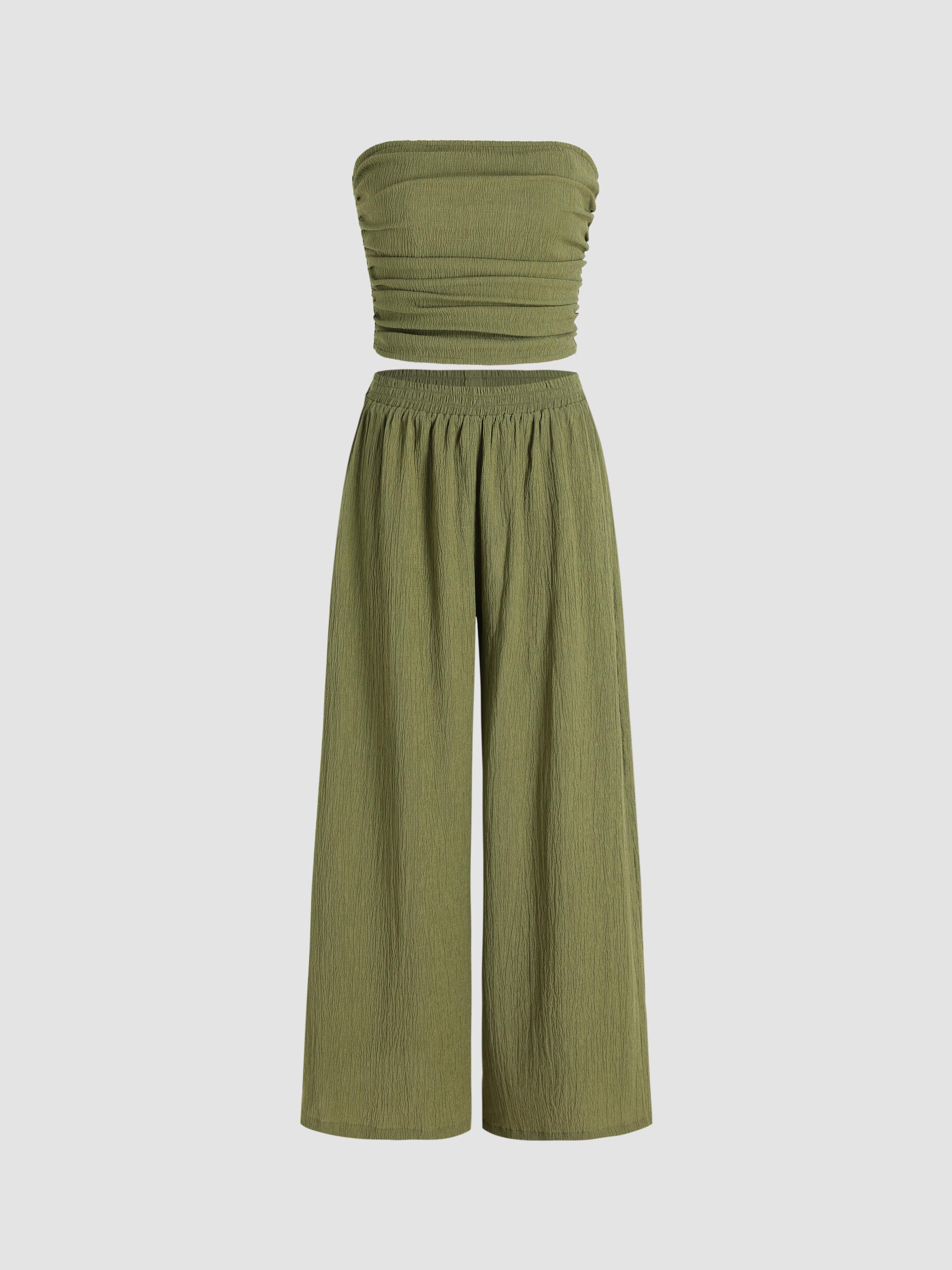 Solid Texture Crop Ruched Tube Top & Wide Leg Trousers Set product image