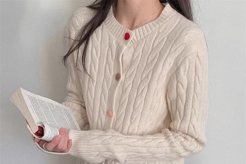 Round Neck Plain Buttoned Cable Knitted Cardigan Product Image