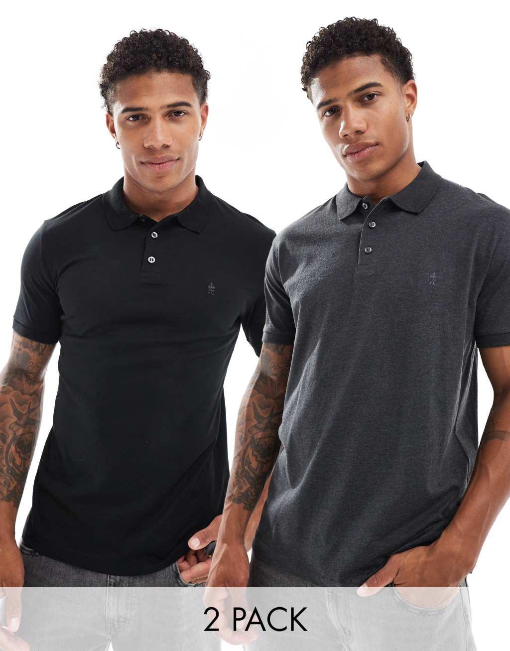 French Connection 2 pack short sleeve polo shirt in black and charcoal Product Image