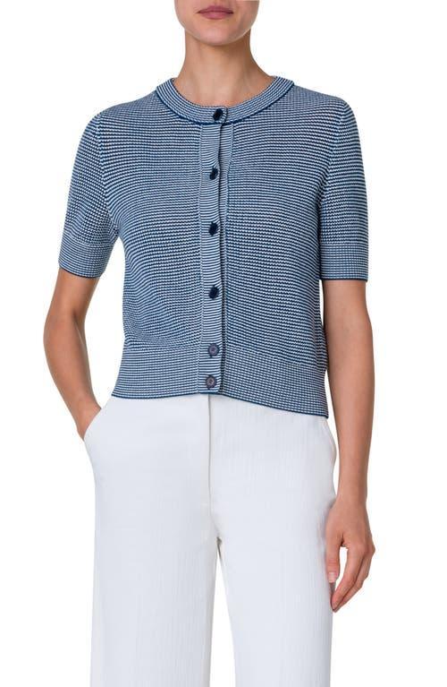 Akris punto Stripe Short Sleeve Wool Mesh Stitch Cardigan Product Image