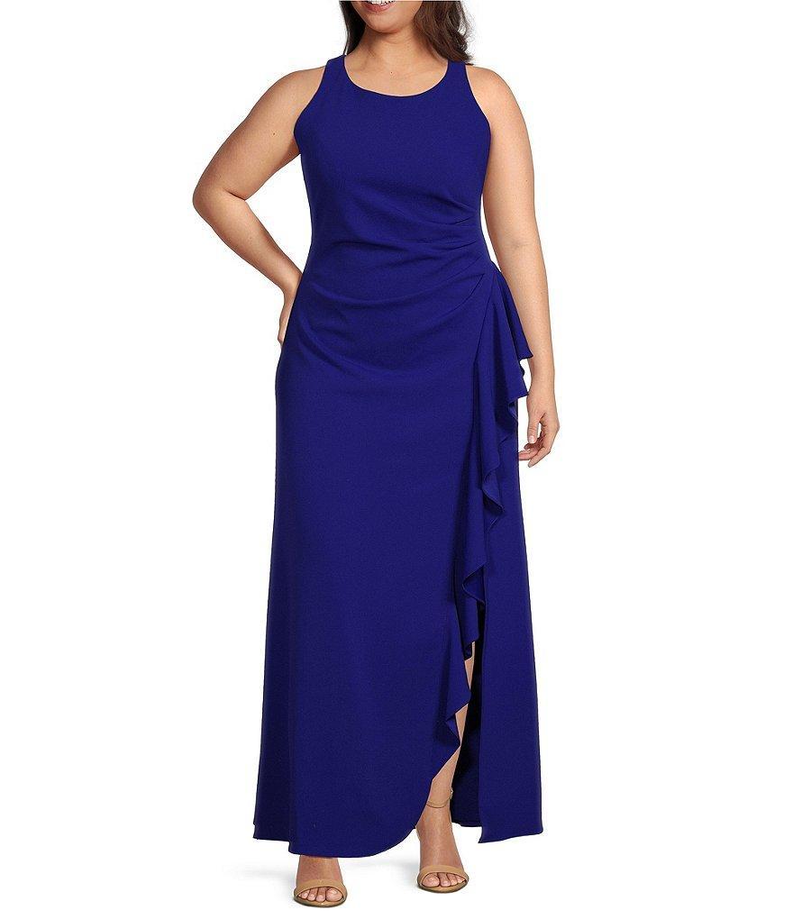 Alex Evenings Plus Size Sleeveless Crew Neck Cascade Ruffle Front Slit Crepe Gown Product Image