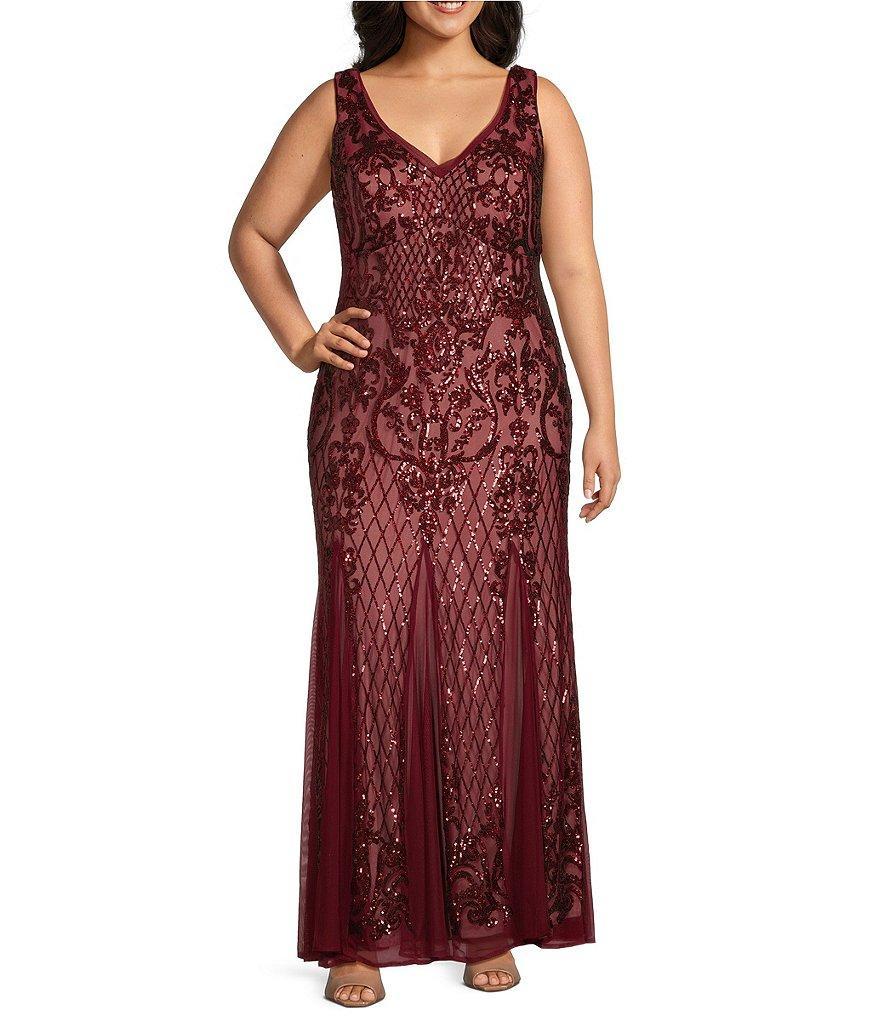 R & M Richards Plus Size Beaded Lace Sequin Mesh V-Neck Sleeveless Mermaid Gown Product Image