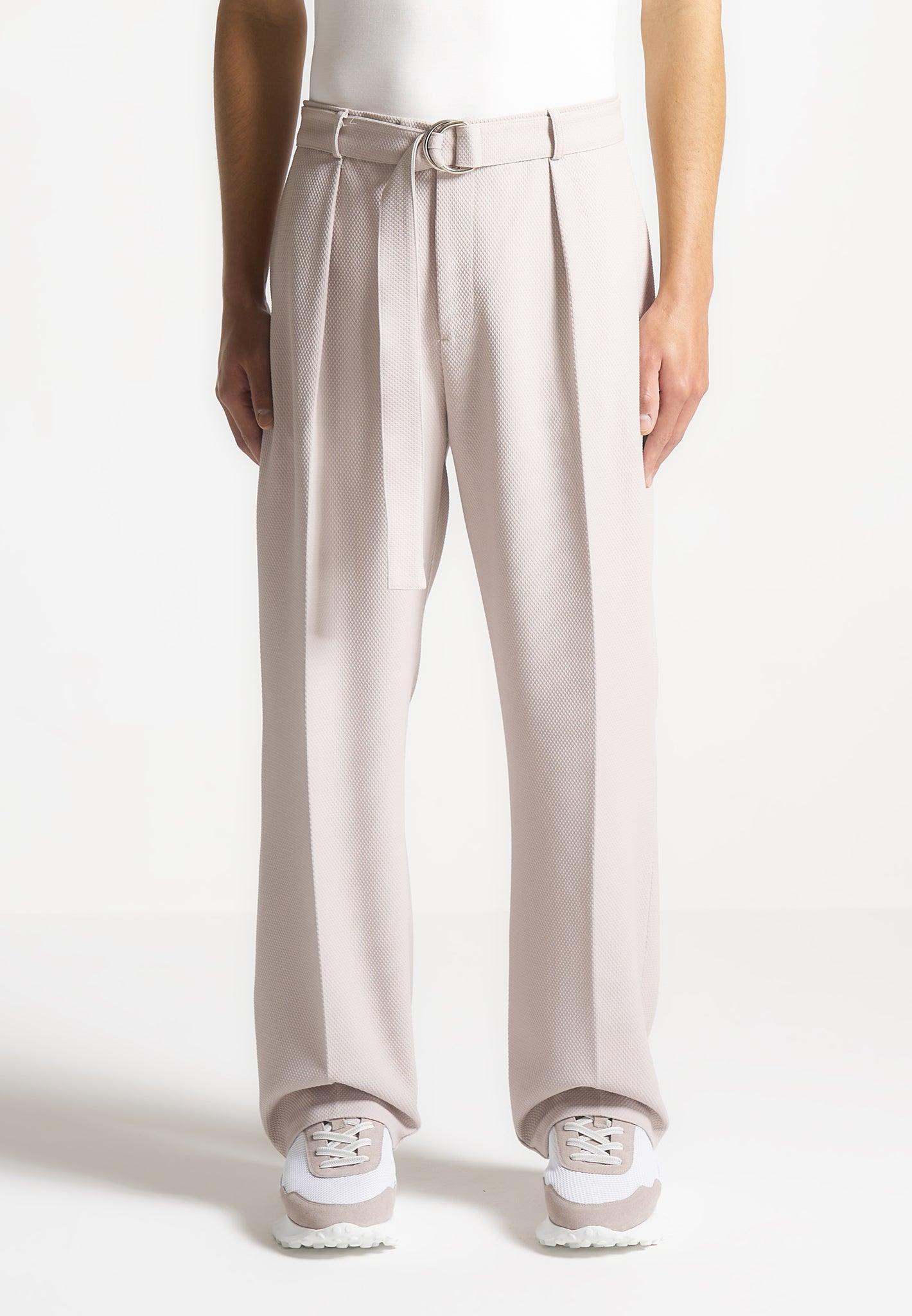 Relaxed Fit Textured Belted Tailored Trousers - Stone Male Product Image