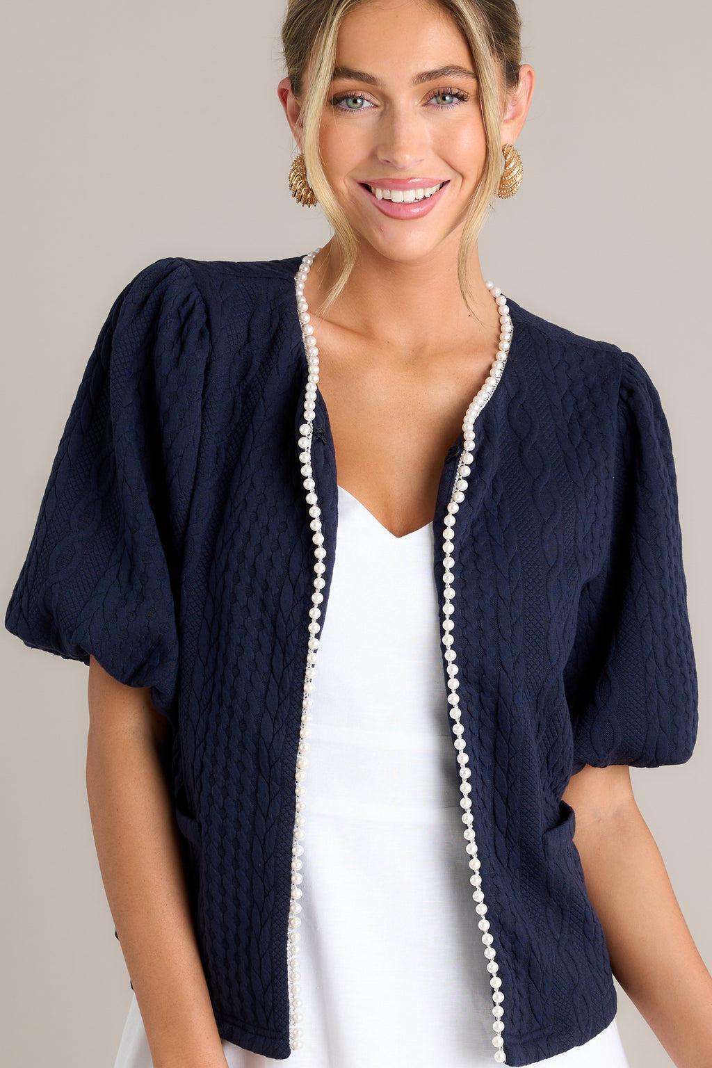 Universal Charm Navy Short Puff Sleeve Jacket Product Image