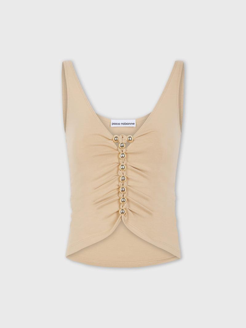 Drapped raffia colored top with metallic details Product Image