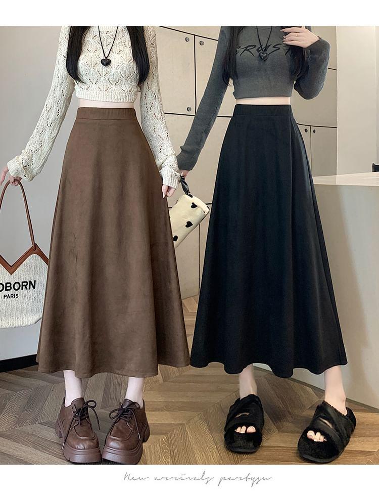 High Waist Plain Faux Suede Midi A-Line Skirt Product Image