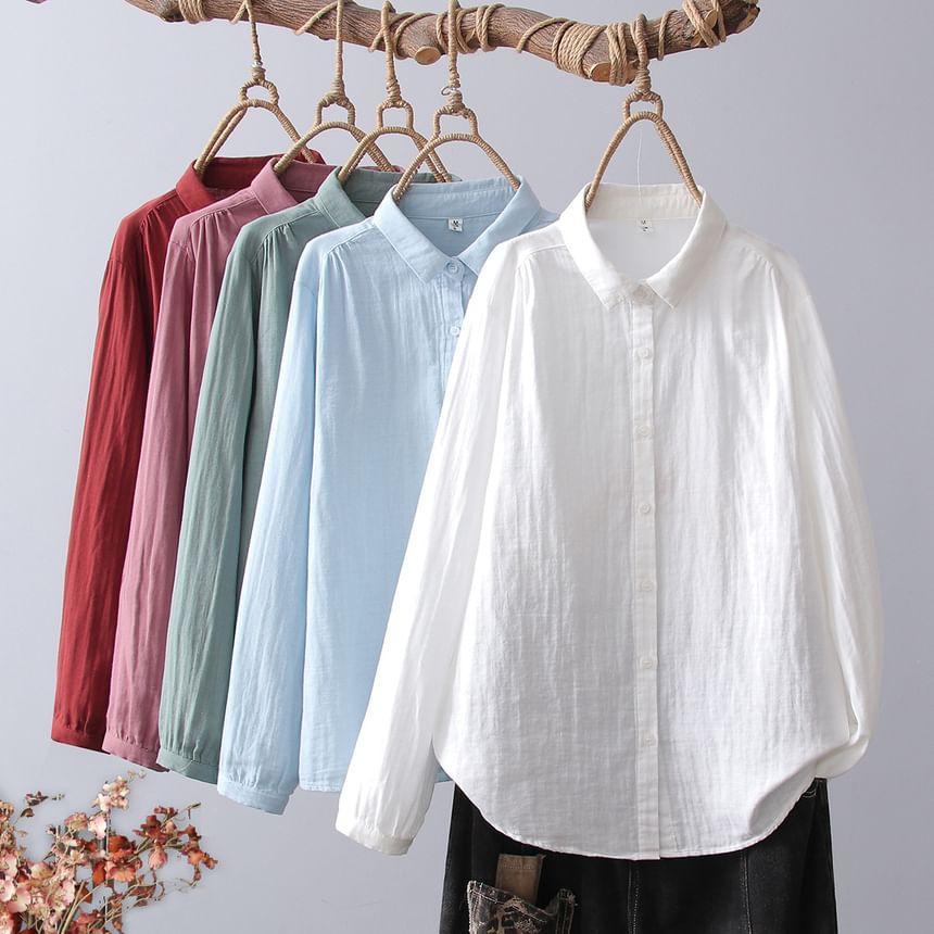 Long Sleeve Lapel Neck Plain Linen Shirt Product Image