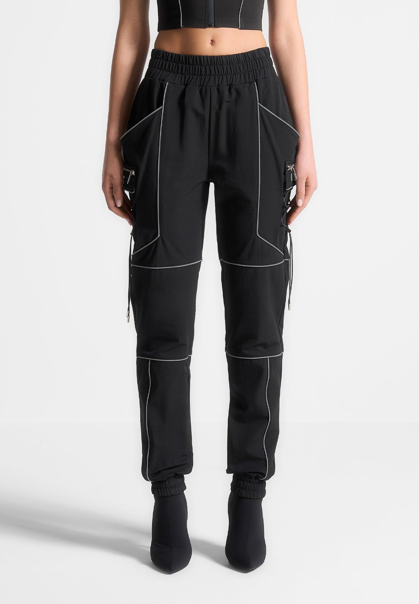 Reflective Piped Cargo Pants - Black Female Product Image