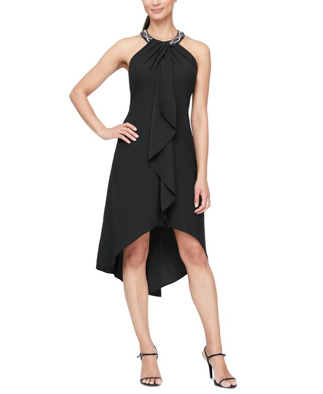 Ignite Evenings Beaded Halter Neck Satin Back Crepe High-Low Ruffle Front Sleeveless Dress Product Image