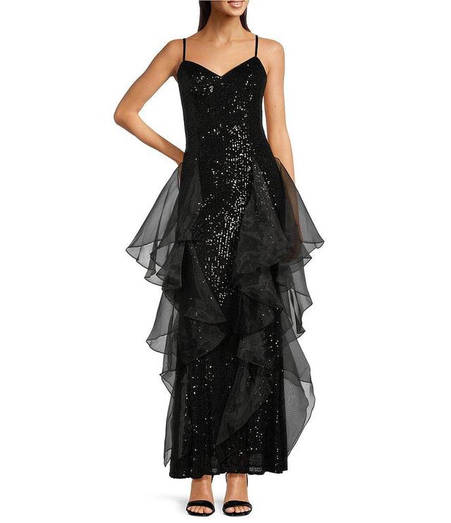 Eliza J Sequin V-Neck Sleeveless Cascading Organza Ruffled Gown Product Image