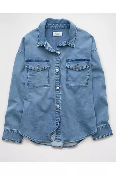 AE Dreamy Drape Cozy Long-Sleeve Button-Up Denim Shirt Womens Product Image