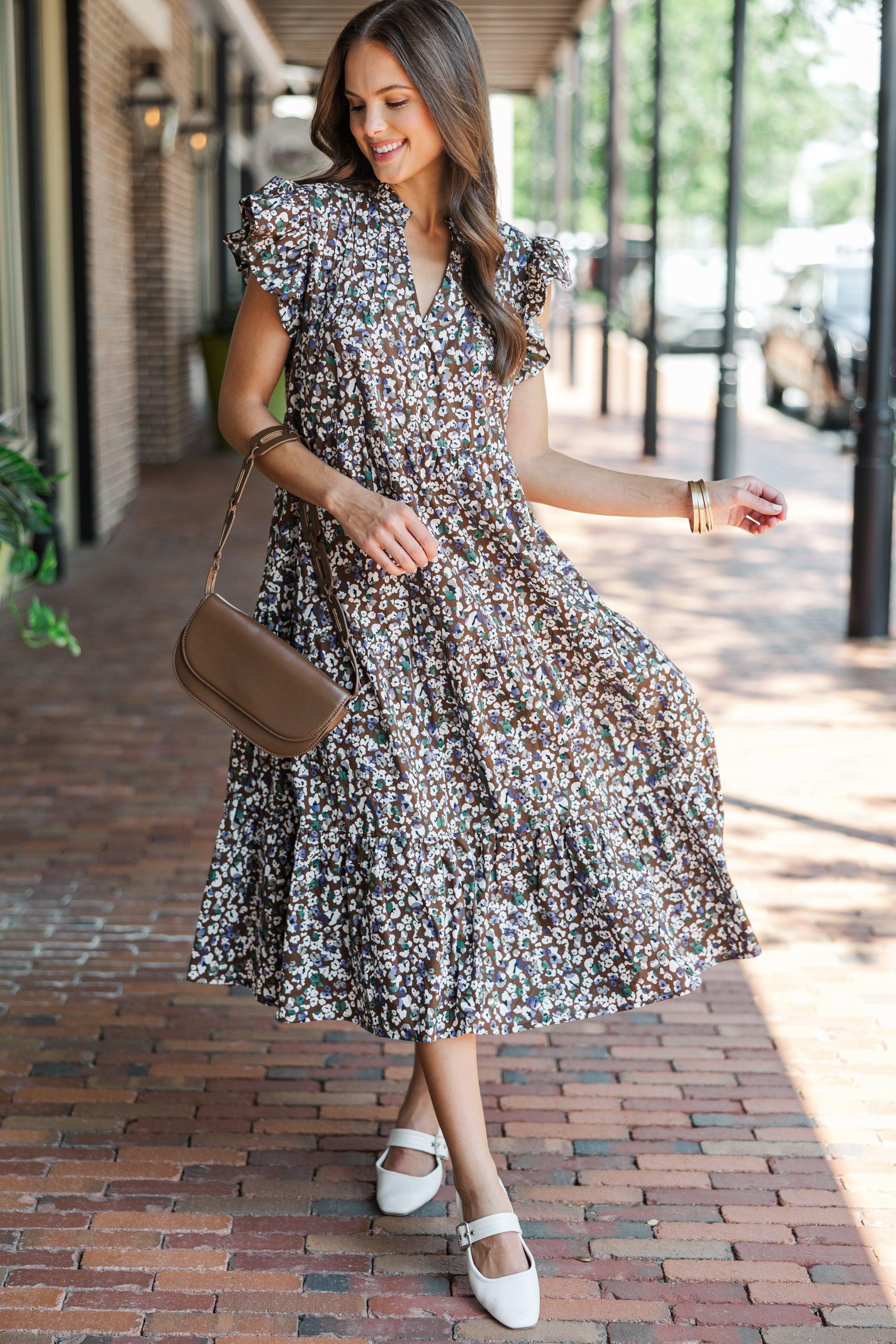 Just For Today Brown Ditsy Floral Midi Dress Female Product Image