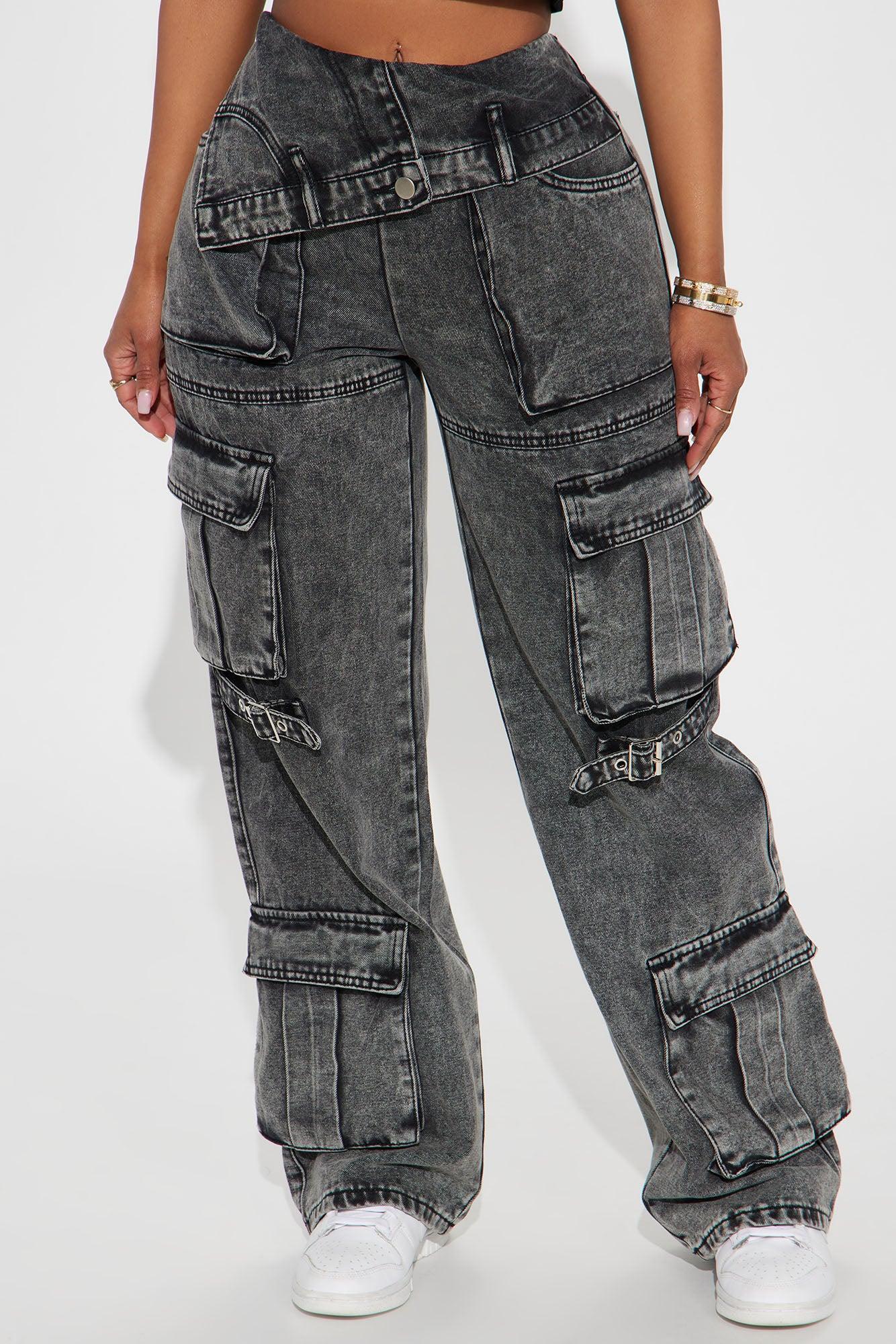 No Assumptions Acid Wash Fold Over Cargo Jeans - Acid Wash Black Product Image