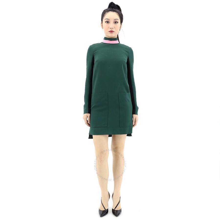 BURBERRY Ladies Long-sleeve Silk Wool Shift Dress In Dark Forest Green Product Image