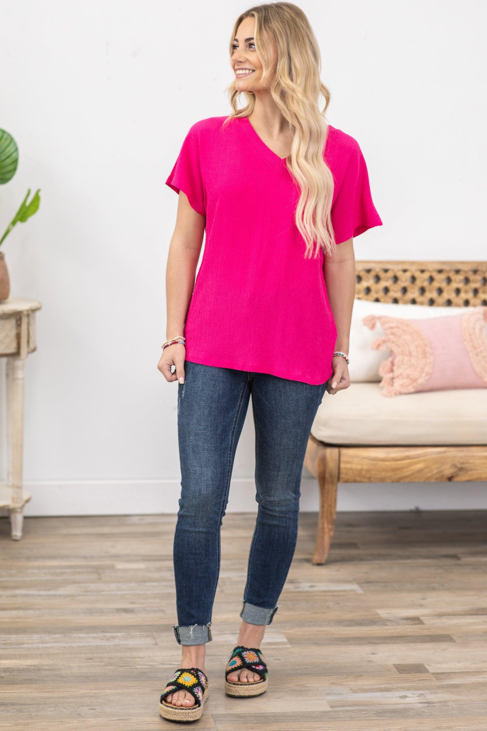 Hot Pink Crinkled V-Neck Short Sleeve Knit Top Product Image