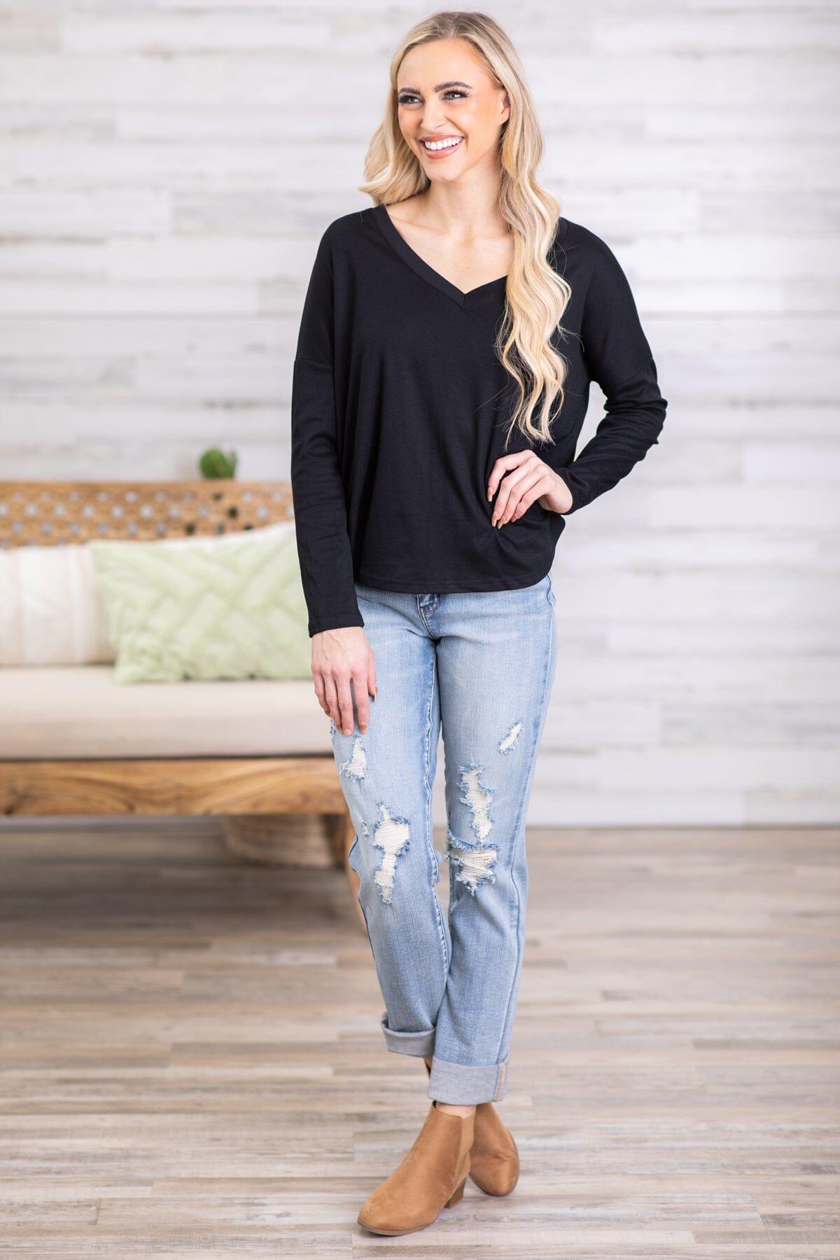 Black V-Neck Long Sleeve Top Product Image