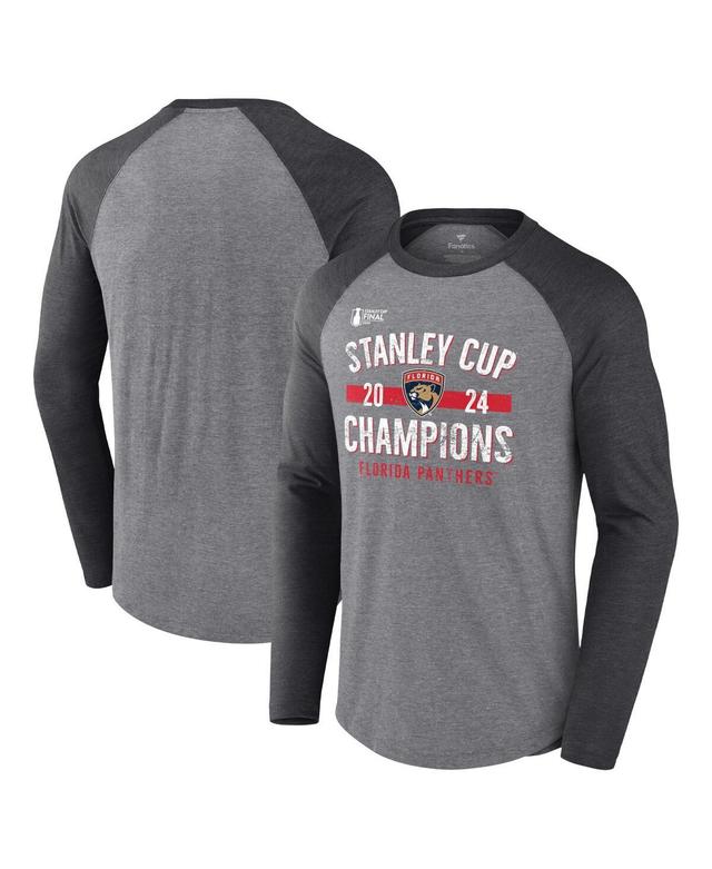 Fanatics Mens Heather Gray Florida Panthers 2024 Stanley Cup Champions Throwback Tri-Blend Raglan Long Sleeve T-Shirt Product Image