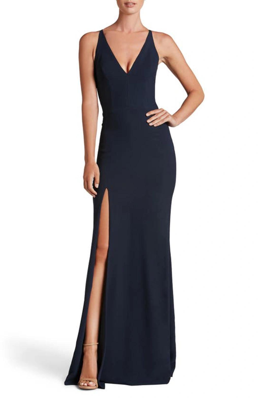 DRESS THE POPULATION Iris Crepe Trumpet Gown In Midnight Blue Product Image