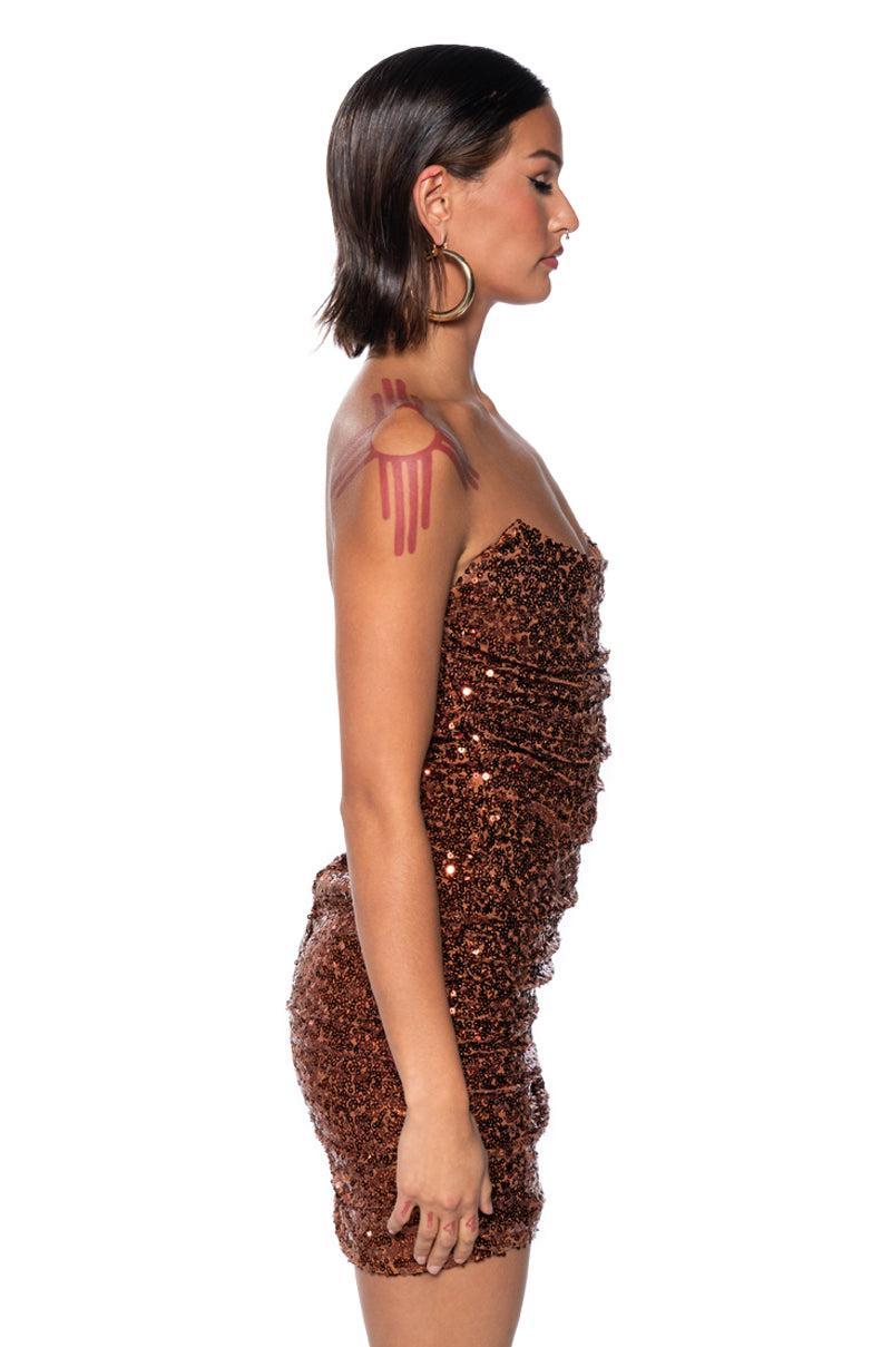 MAYA SEQUIN STRAPLESS MINI DRESS IN BROWN Product Image